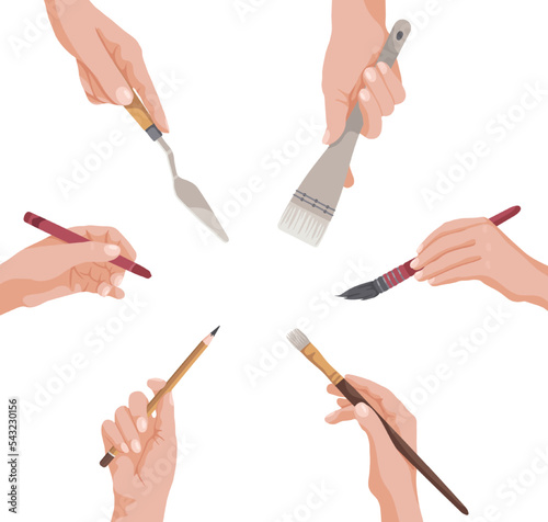 Hands of people with tools for painting vector illustrations set. Collection of cartoon drawings of artists holding brushes, pencil, crayon isolated on white background. Art, crafts, hobby concept