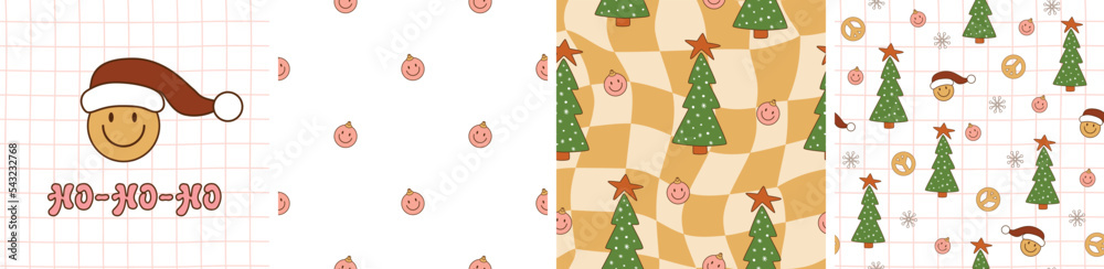 Groovy Christmas pattern set. Retro 70s Hippie Groovy Christmas tree, groovy Santa, peace symbol in retro checkered seamless background. Winter holiday seventies surface design. Vector illustration. Groovy Christmas pattern set. Retro 70s Hippie Groovy Christmas tree, groovy Santa, peace symbol in retro checkered seamless background. Winter holiday seventies surface design. Vector illustration.