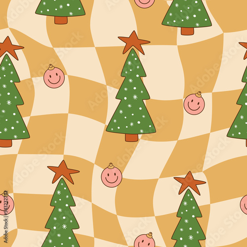 Groovy Christmas seamless pattern. Retro 70s Hippie Groovy Christmas tree background retro 60s smiling face. Groovy checkered background for winter holiday Vintage surface design. Vector illustration.