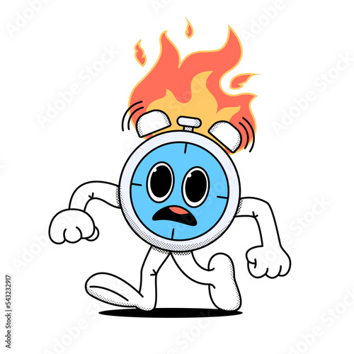 Alarm clock, stopwatch running in a hurry.A fire burns above him.Business concept,deadline. Doodle style.Stock vector illustration of alarm clock,stopwatch in cartoon style. Isolated white background.