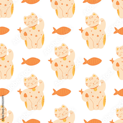 Maneki Neko pattern. Happy lucky cat seamless pattern. Symbol of lucky background. Repeated texture. Fish and maneki neko vector illustration. Traditional Asian maneki neko fortune print, fabric.
