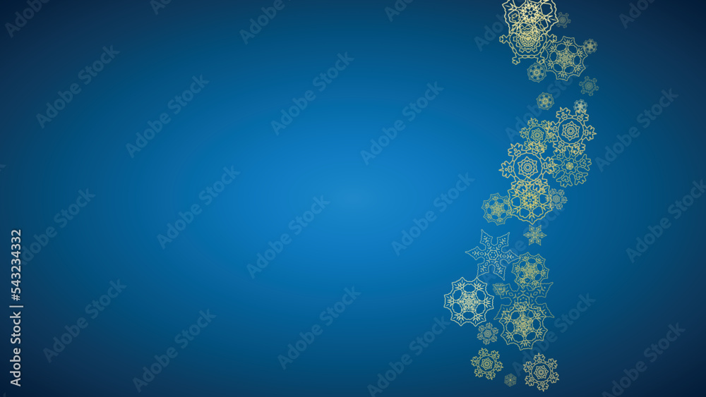 New Year snow on blue background. Gold glitter snowflakes. Christmas and New Year snow falling backdrop. For season sales, special offers, banner, cards, party invite, flyer. Horizontal frosty winter. New Year snow on blue background. Gold glitter snowflakes. Christmas and New Year snow falling backdrop. For season sales, special offers, banner, cards, party invite, flyer. Horizontal frosty winter.