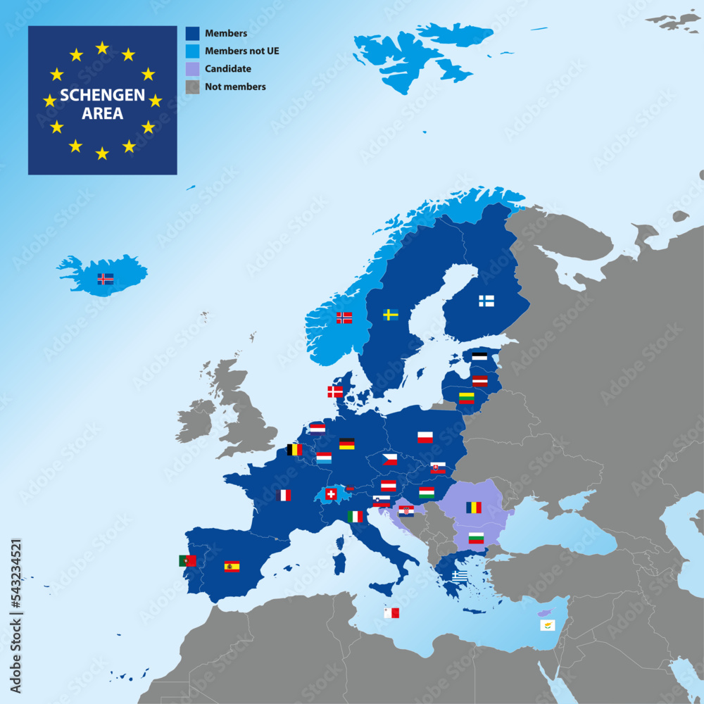 Schengen Area map with borders and flags of countries, Europe, vector ...