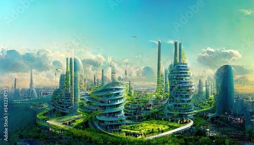 Foto Utopian civilisation, utopic city, future of humanity,, architecture of tommorow, utopic world