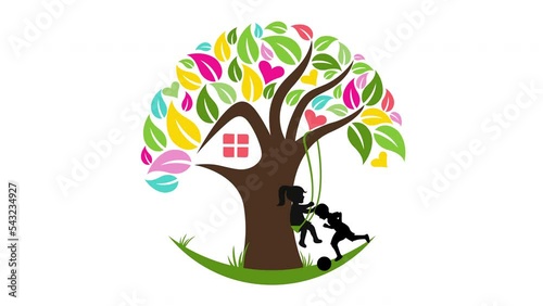 Animated video kindergarten. Boy and girl playing near the tree