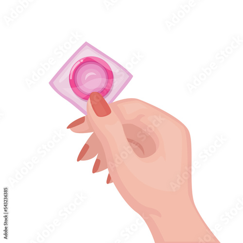 Hand holding condom. sex education symbol cartoon illustration vector