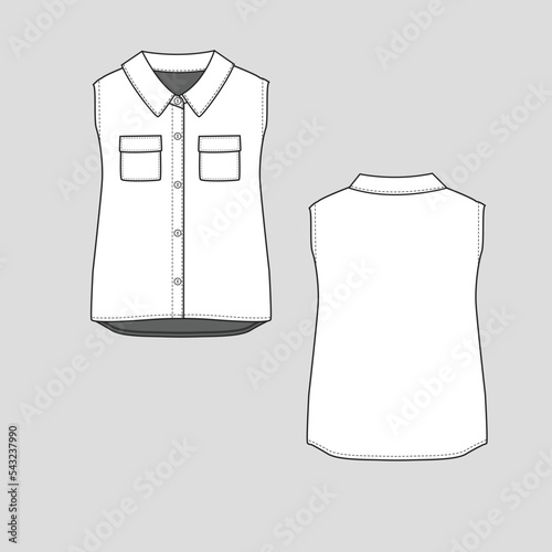Sleeveless Polo Collar Neck t shirt top Button panel flap pocket high low dip hem fashion flat sketch template vector
