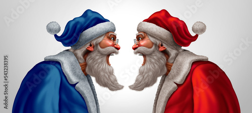 Holiday conflict and Santa Claus in disagreement with another santaclaus as a christmas time stress or political war season between blue left and red right as a concept with 3D illustration elements. photo