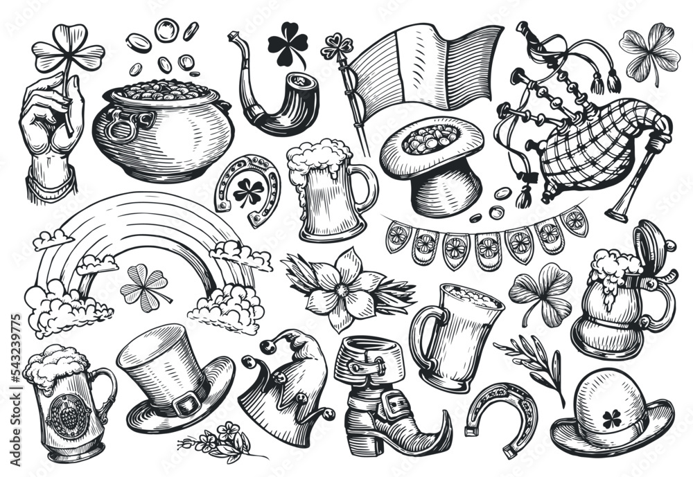 Fototapeta Patricks day concept. Irish holiday symbols set sketch. Collection vector illustrations drawn in vintage engraving style