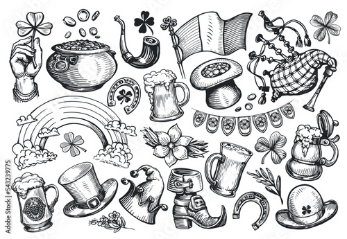 Patricks day concept. Irish holiday symbols set sketch. Collection vector illustrations drawn in vintage engraving style