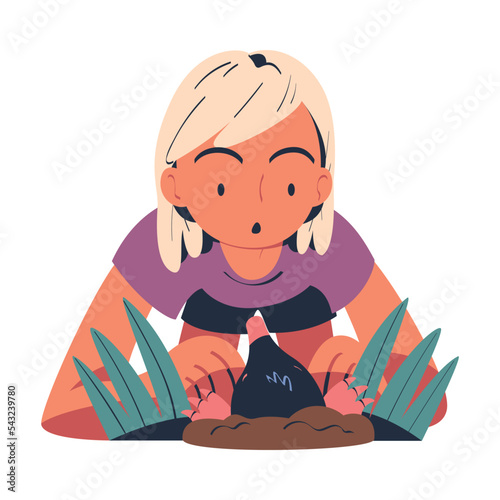 Woman Character Studying Nature Exploring Mole Peeking from Ground Vector Illustration photo