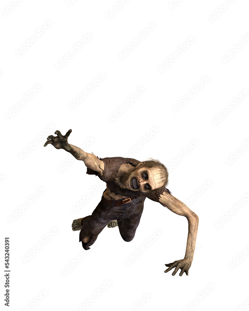 Fototapeta premium Zombie man on knees in tattered clothes reaching out with one hand. 3d illustration isolated on transparent background.