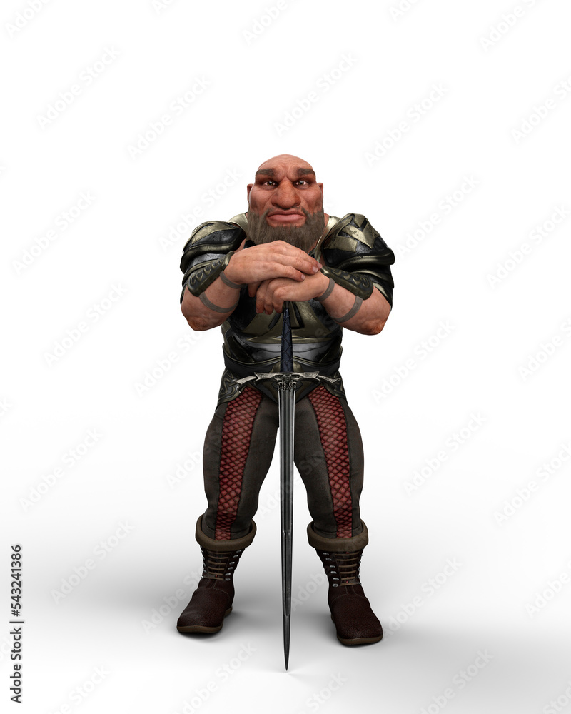 3D illustration of a fantasy dwarf character wearing armour, standing and leaning on a large sword isolated on a transparent background. 3D illustration of a fantasy dwarf character wearing armour, standing and leaning on a large sword isolated on a transparent background.