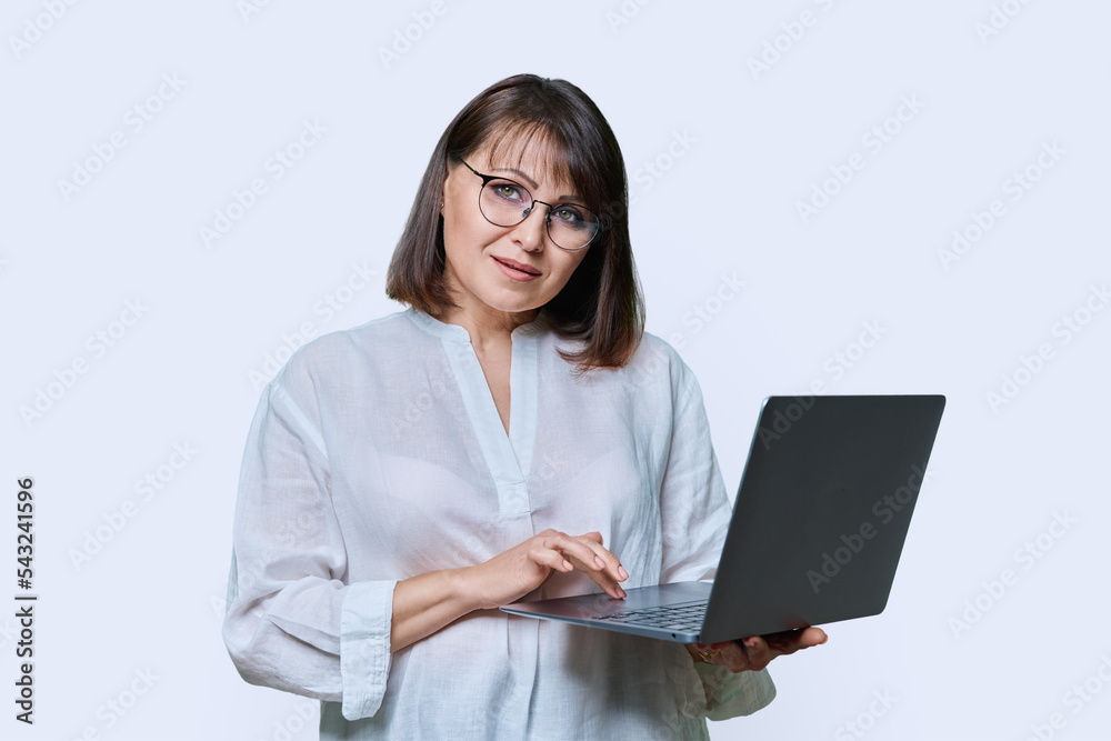 Smiling woman with laptop on white background Smiling woman with laptop on white background