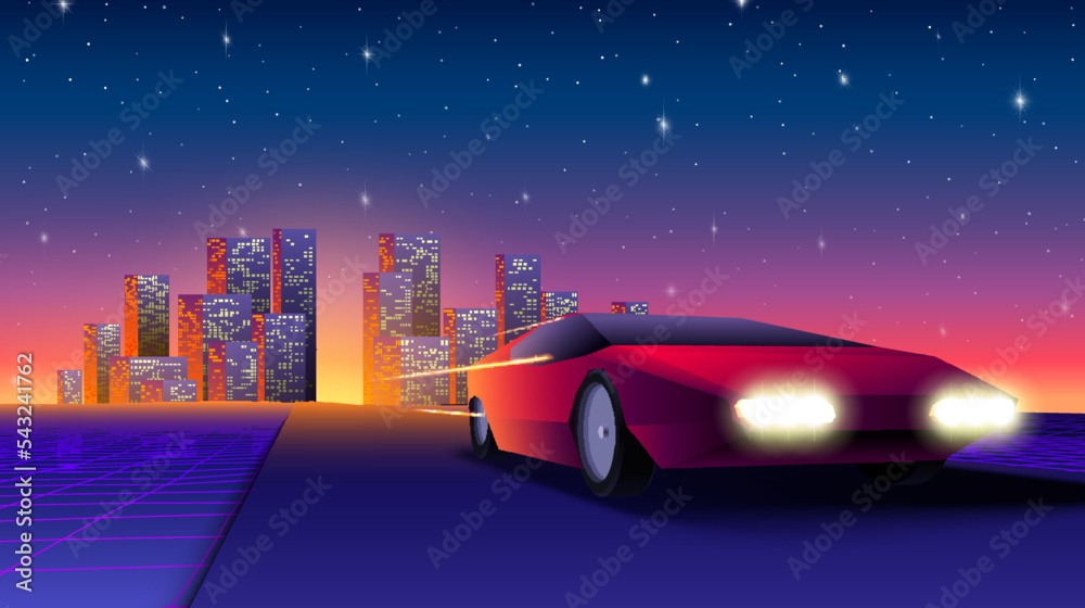 Red neon car in 80s synthwave style escaping from the city. Retrowave auto illustration with shiny racing car on the grid landscape road in 90s arcade game style