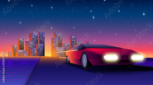 Red neon car in 80s synthwave style escaping from the city. Retrowave auto illustration with shiny racing car on the grid landscape road in 90s arcade game style