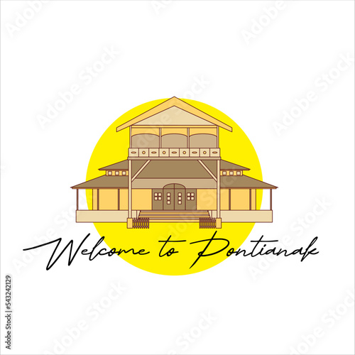 Vector Kraton Kadriah palace landmark of Pontianak City, Indonesia with text welcome to pontianak equator landmark