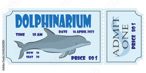 The design of a ticket to the dolphinarium with the image of a dolphin in blue. Vector illustration