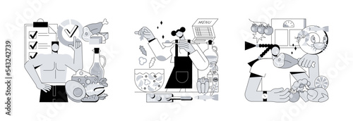 Weight loss nutrition plan abstract concept vector illustration set. Ketogenic, mediterranean and paleo diet, healthy lifestyle, organic food, fresh vegetable, low carb food abstract metaphor.