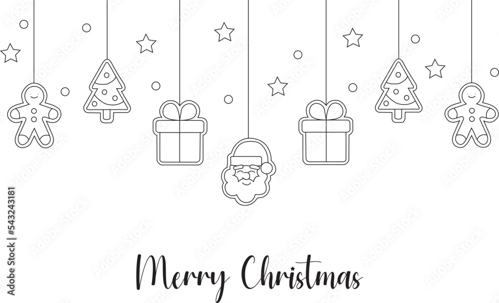 Cartel de Navidad con dibujos de adornos navideños silueta en negro Visat de frente y de cerca. Icono vector