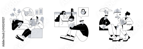Mental health abstract concept vector illustration set. Psychotherapy, depression counseling, seasonal affective disorder treatment, behavioral cognitive therapy, private session abstract metaphor.