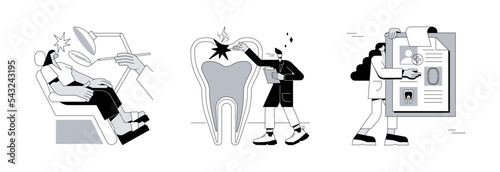 Dental care service abstract concept vector illustration set. Dental examination and treatment, patient card, oral test, dentist chair, toothache emergency help, orthodontic abstract metaphor.