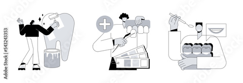 Dental service abstract concept vector illustration set. Cosmetic dentistry, dental veneers, teeth wear silicone trainer, teeth whitening, medical center, orthodontic clinic, smile abstract metaphor.