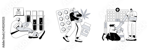 Drug addiction abstract concept vector illustration set. Drug monitoring, prescription medication abuse, rehab center, overdose, therapy clinic, ankle bracelet, detox abstract metaphor.
