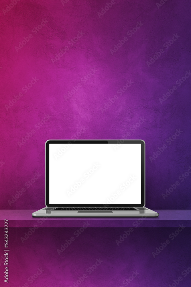 Laptop computer on purple shelf. Vertical background Laptop computer on purple shelf. Vertical background