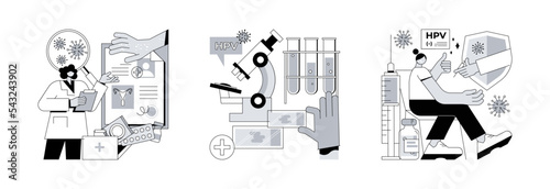 HPV infection abstract concept vector illustration set. Human papillomavirus, HPV test and vaccination, cervical cancer early diagnostics, laboratory sample, virus screening abstract metaphor.