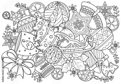 Doodle coloring book for children on a Christmas theme. Funny elements of New Year holidays. Vector illustration