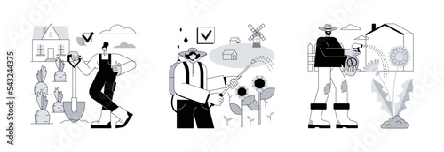 Garden protection abstract concept vector illustration set. Cultivating the soil, weed and pest control, dandelion removal, herbicide and pesticide, grass seed, weed-free lawn abstract metaphor.