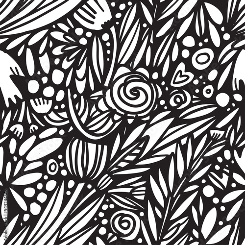 Doodle leaves and beards seamless pattern. Adult coloring page