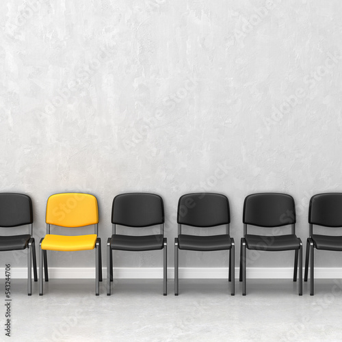 Black empty chairs stand in a row. One yellow chair is exceptional. The concept of dissidence. Creative mock-up. 3d rendering.