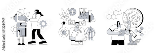 Biological science abstract concept vector illustration set. Cybernetics and bioethics, microbiological technology, robotic industry, medical ethics and biotech research, laboratory abstract metaphor.