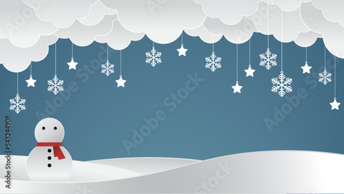 snowman standing in winter , snow and blue sky background , Merry Christmas and Happy New Year concept art.