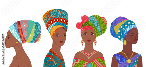 Set of African young women in ethnic headdresses isolated on a w photo