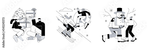Winter entertainment abstract concept vector illustration set. Winter holidays, outdoor fun, building a snowman, Christmas eve, snowball fight, sledding, ski resort vacation abstract metaphor.