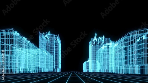 3D rendering illustration Building blueprint glowing neon hologram futuristic show technology security for premium product business finance transportation 