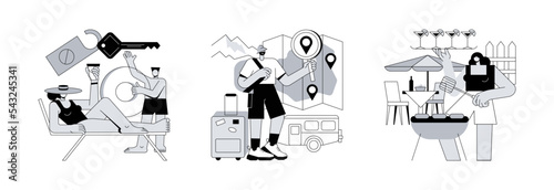 Family adventure and fun abstract concept vector illustration set. Family vacation, inside country traveling, backyard party, national park, weekend trip, friends meeting, BBQ abstract metaphor.