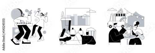 City enternainment abstract concept vector illustration set. Silent disco, open air cinema, street party, club event, DJ set streaming, movie theater, buy ticket online, outdoor fun abstract metaphor.