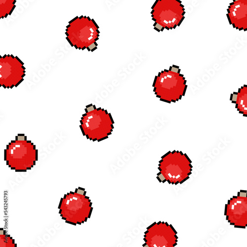 Pixel Christmas red bauble pattern. Festive xmas decorations. 8 bit retro winter xmas icons. White background. Festive mood. Happy New Year, Merry Christmas. Vector illustration.