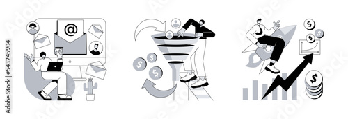 Marketing software abstract concept vector illustration set. Marketing automation system, sales funnel management, sales growth, crm system, lead conversion, client database abstract metaphor.