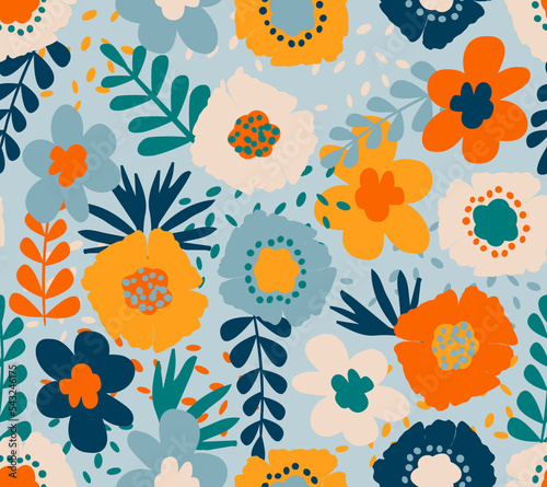 Cute spring seamless pattern with hand drawn flowers and leafs. Floral colorful background for children products, raster version