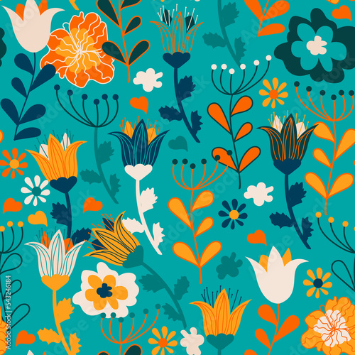 Cute seamless pattern with colorful flowers, childish illustration, raster version