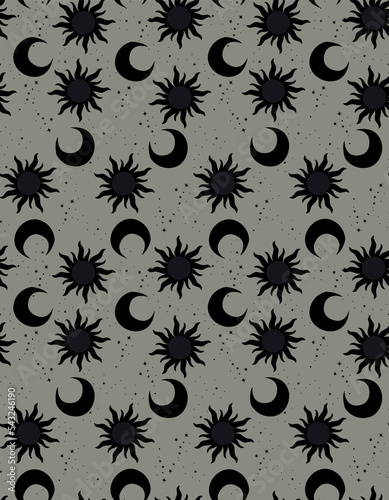 Sun and Moon seamless pattern, spiritual, astrology, tarot theme, raster version