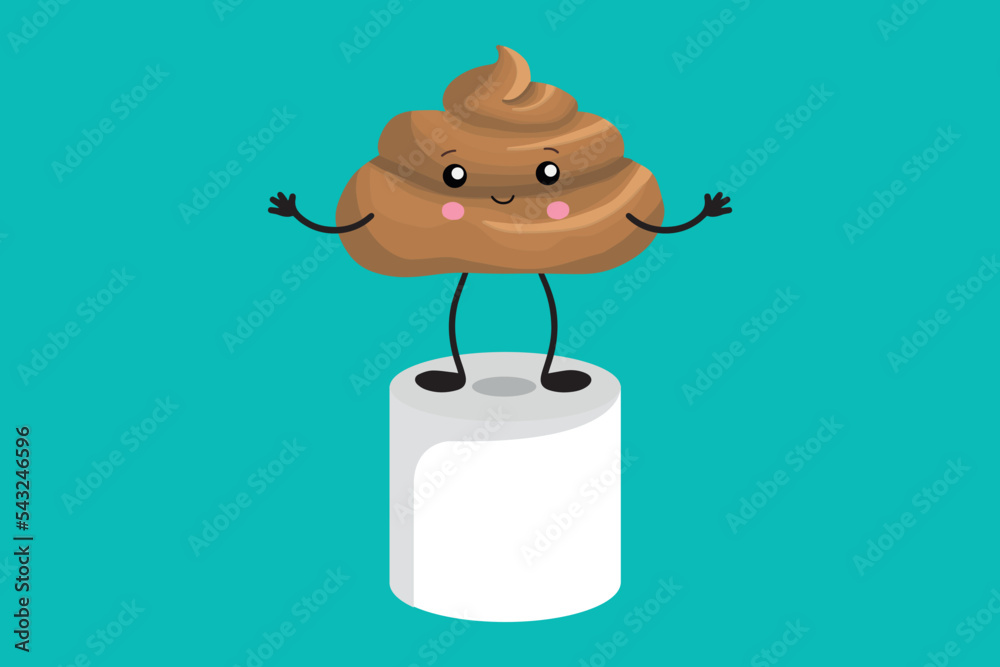 Illustration of brown poop on toilet paper in the style of kawaii. The