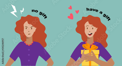 Girl with and without a gift. Happy girl with a gift. Vector illustration in cartoon style.