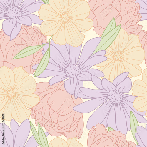 Retro Boho Flowers  Floral Seamless Pattern Background