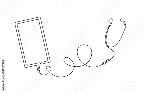 One continuous line drawing of phone or smartphone with earphone plugged minimalist style. 